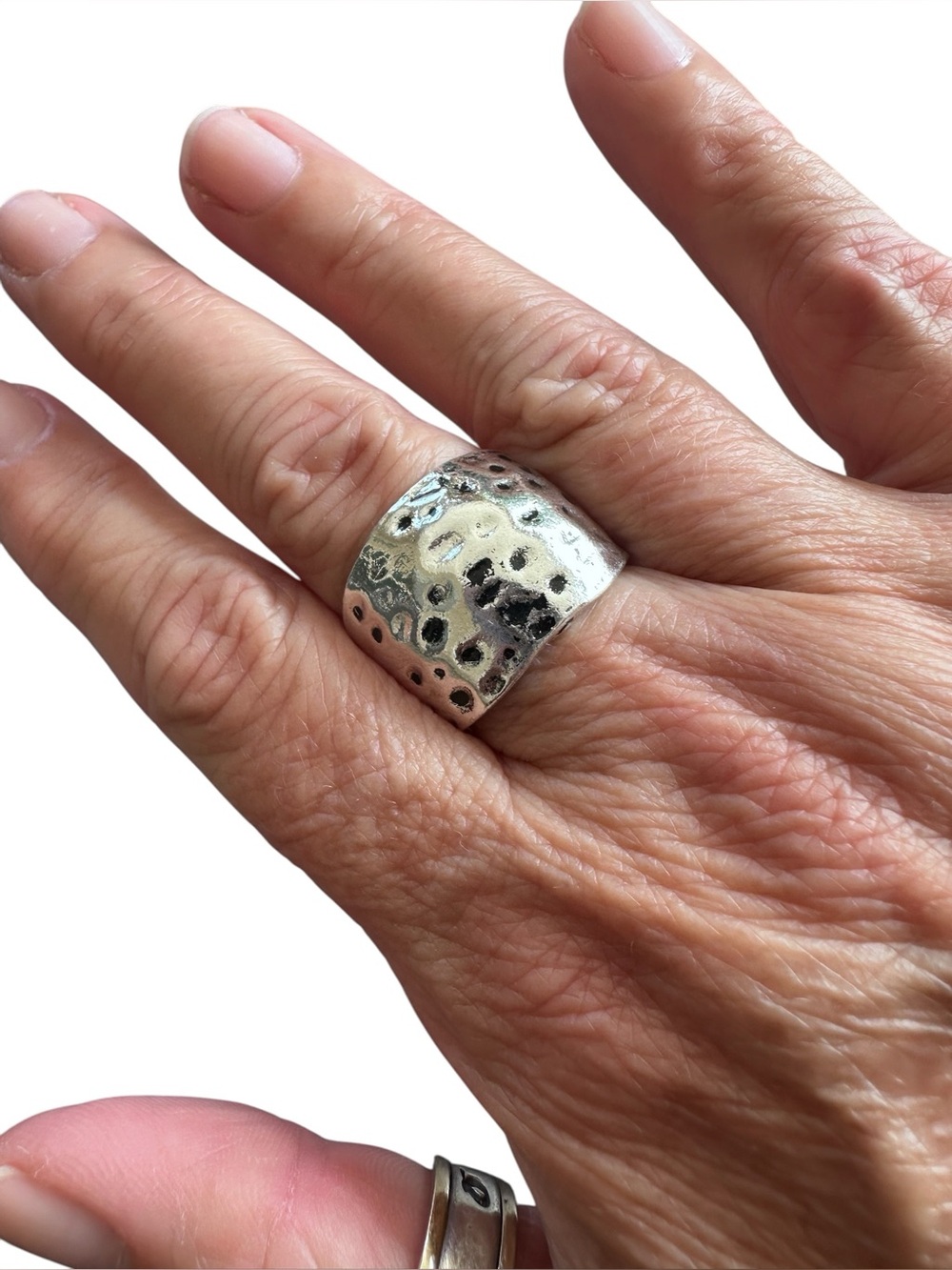 Boho Hammered Wide Face Silver Ring